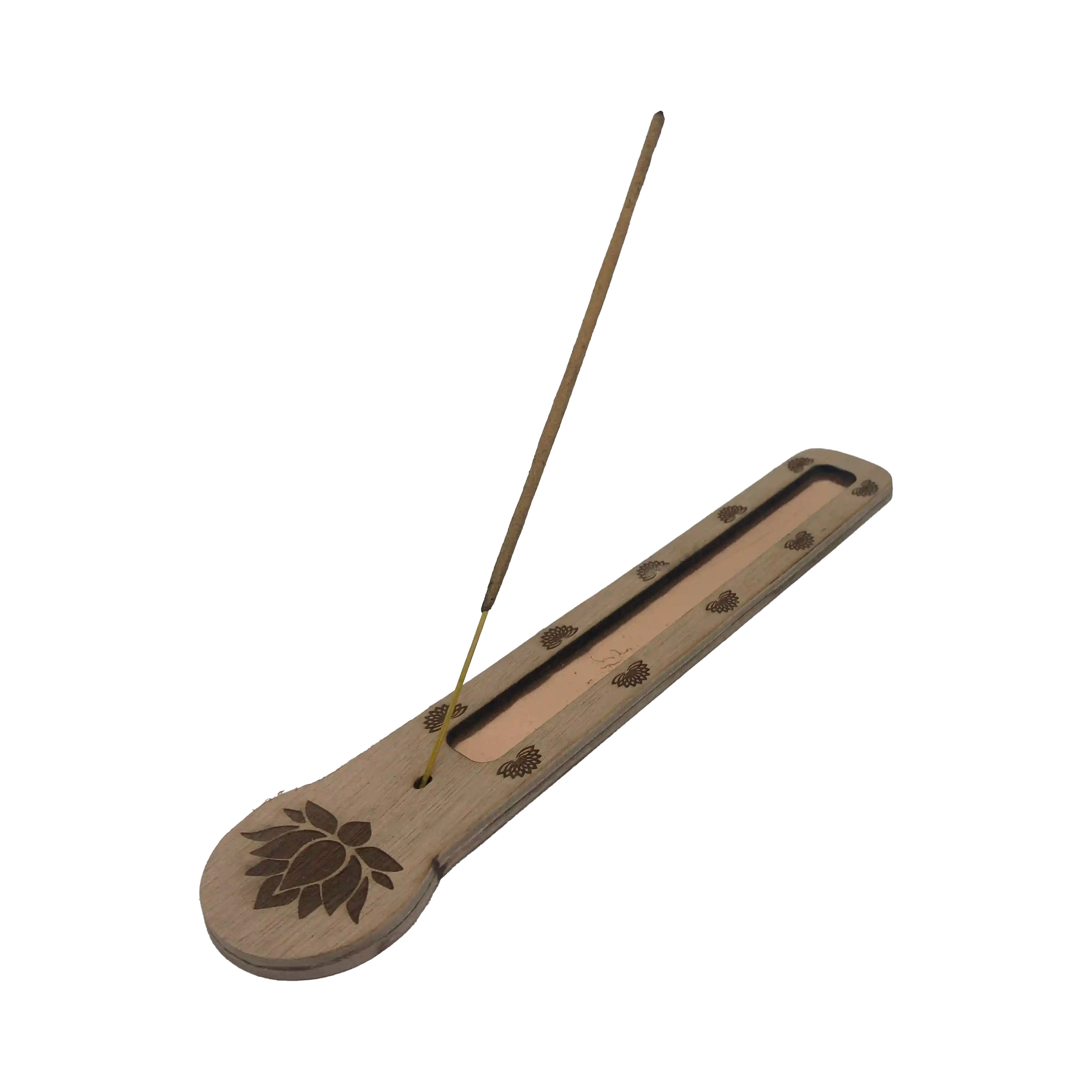Porte-encens en bois avec motif lotus et protection en cuivre